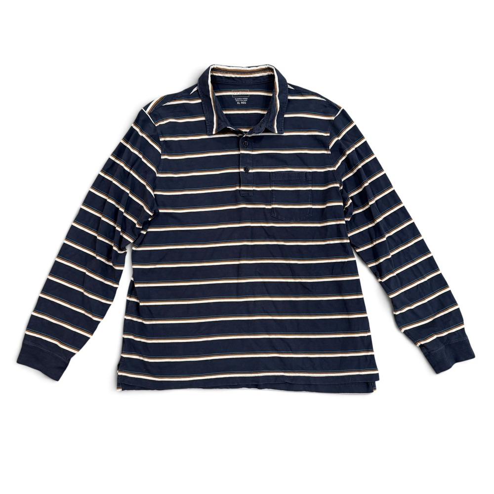 LL Bean Long Sleeve Polo Shirt Navy Blue Striped Organic Cotton Mens XL
